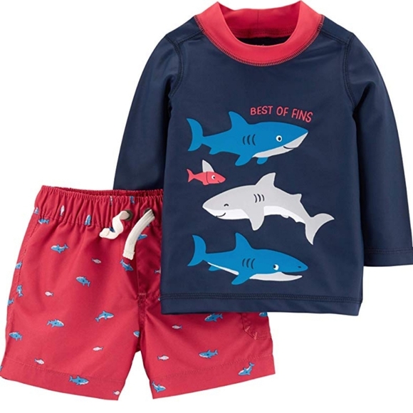 Carter's Rashguard Swim Trunks Baby Boys 3 months 50+ UPH Blue Red Sharks - Picture 1 of 6